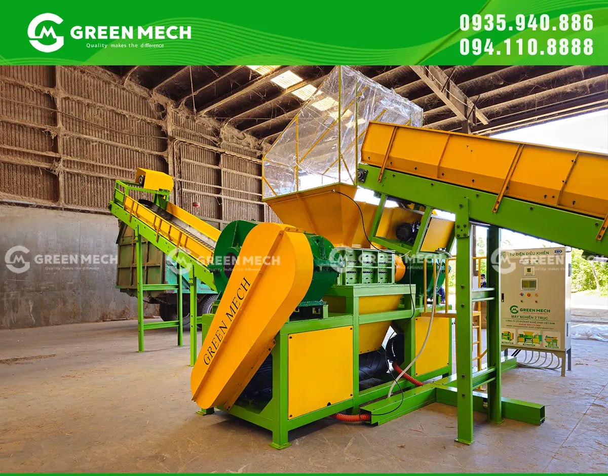 Máy nghiền 2 trục GREEN MECH xử lý rơm cuộn và rơm ép khối, đảm bảo kích thước đầu ra 20–70 mm